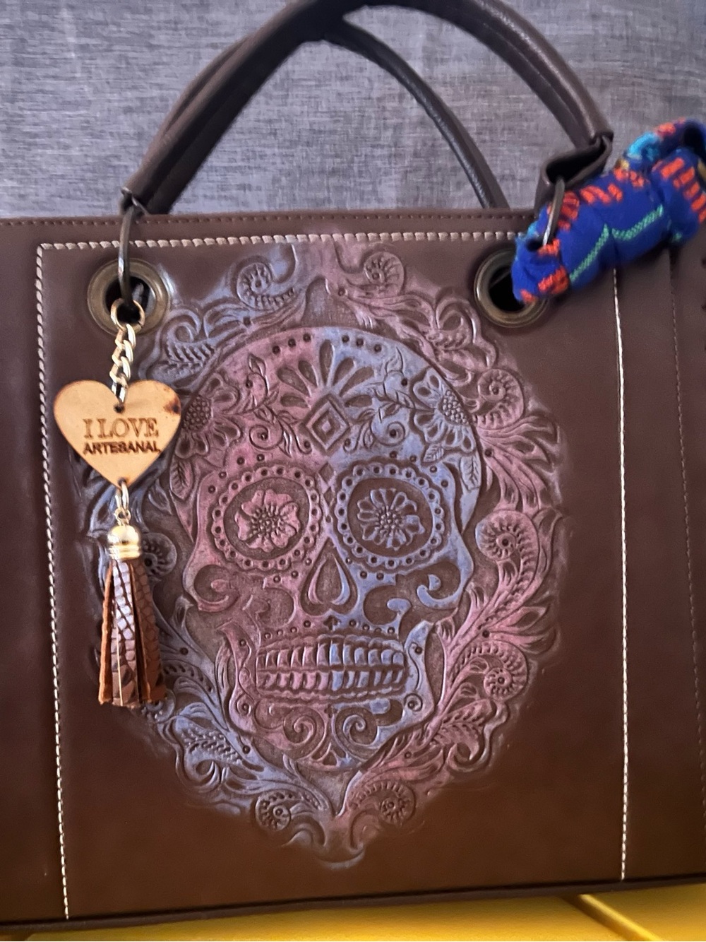 Handcrafted Brown Leather Tote with Embossed Sugar Skull